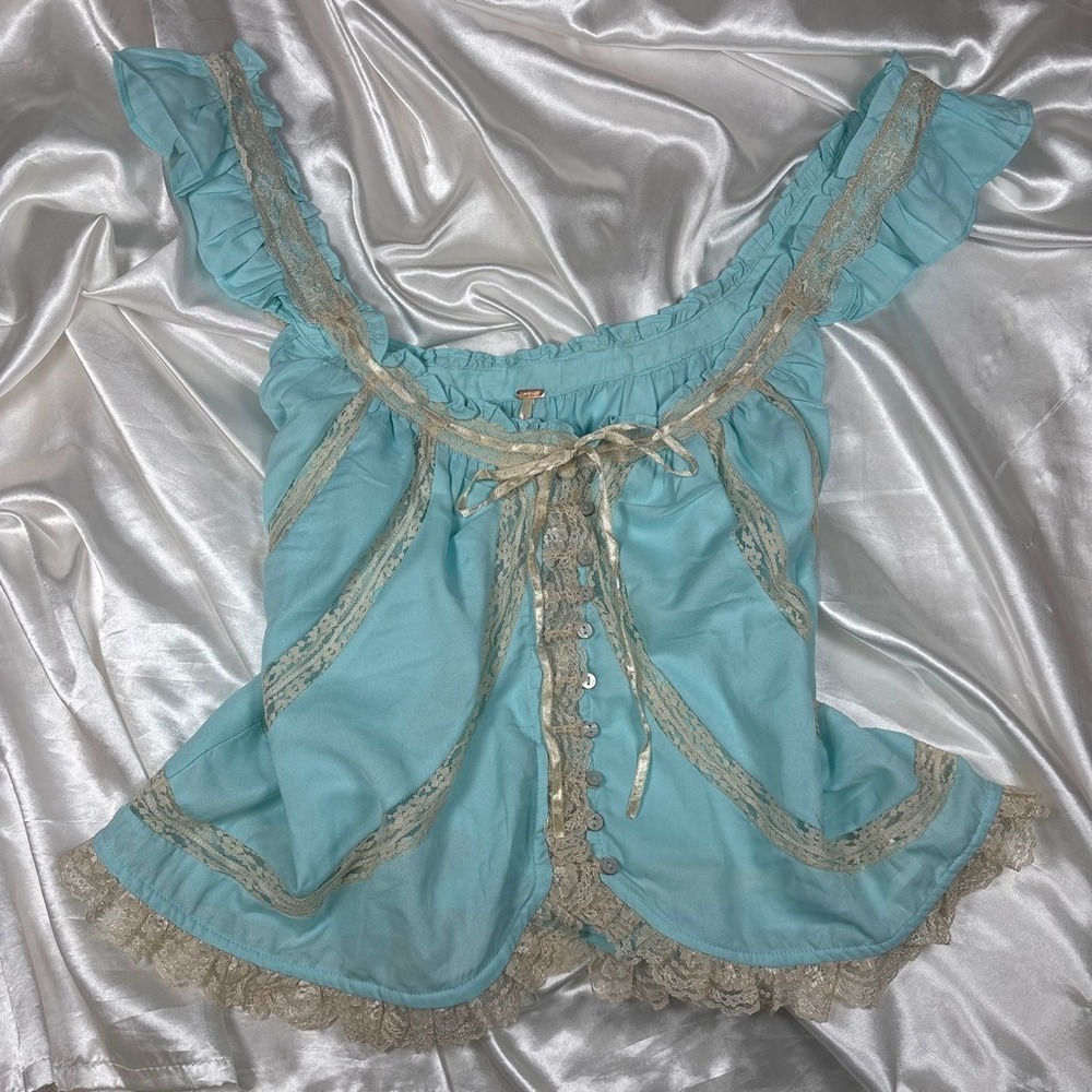 y2k Cami Top Blue Excellent Free People Lace Trim Ruffle Cottagecore Coquette